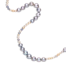 Load image into Gallery viewer, Semi-baroque blue and baby multi-colored Akoya pearls combine in this softly luminous pearl strand fastened with a gold and platinum variation of our signature granulated toggle clasp. Length 34 inches.

Made with recycled 22k yellow gold and platinum, 3.8mm multi-colored and 6-8.5mm blue cultured Japanese Akoya pearls. Knotted on silk.