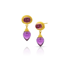 Load image into Gallery viewer, The amphora is named after an ancient Roman or Greek storage jar. This amphora has intense rich, deep pink rubellite tourmalines and delicate hand carved rich amethyst set in warm, buttery gold. Our signature graduated granulation frames both the tourmaline and the amethyst, providing subtle details and a beautiful blend of ancient and modern. Made from 22k yellow gold, 2.93ct Brazilian pink tourmaline, 11.85ct Brazilian amethyst.

Two-of-two-of-a-kind.