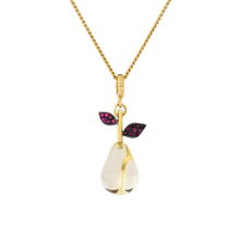 Load image into Gallery viewer, This exquisitely hand carved citrine pear has ruby studded leaves and a ruby topped stalk. Length approximately 53mm, width 10.89 (L 2in W .4in)

Made from recycled 22k gold, a carved citrine pear (17.87ctw) and rubies (.32ctw). The chain is available separately.