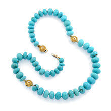 Load image into Gallery viewer, Robin's egg blue is the most sought-after color in turquoise comes and these rondelles come from Arizona's fabled but now closed Sleeping Beauty mine. We balanced the turquoise's intense color and substance with granulated gold stations accented with sparkling diamonds. The handmade clasp is the same station but fashioned as a secure clasp. Length 22.5 inches.

Made with recycled 22k yellow &amp; 18k white gold, Sleeping Beauty turquoise (502ct) and Canadian diamonds (.36ct). Knotted on silk.