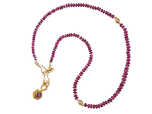 Load image into Gallery viewer, Gorgeous, one-of-a-kind necklace composed of rubellite tourmaline rondelle beads accented with handmade, granulated and diamond set beads. The rondelle's intense color is balanced by the richness and warmth of the gold beads and our signature "S" clasp fastens the strand. Pairs well with our Pink Tourmaline &amp; Blue Akoya Pearl Cubic Studs. Length 18.5 inches.

Made with recycled 22k yellow gold, Rubellite tourmaline (66ct) and Canadian diamonds (.12ct). Knotted on silk.
