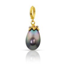 Load image into Gallery viewer, Beautiful, glossy semi–Baroque eggplant shaped Tahitian pearl with purple and brown tones. Topped by star caps in buttery 22k gold, with oversize platinum granules and deep pink spinels.

Handmade using recycled metals, Burmese spinel and cultured Tahitian pearls. Length approximately 27mm, width 10mm (L 1.1in W .4in).
One-of-a-kind.