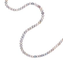 Load image into Gallery viewer, Multi-colored baby Akoya pearls with a slight graduation combine in this dainty layering strand fastened with our signature granulated Shepherd's hook clasp. This is our most popular necklace. Length 19 inches. If you would like a different length, please contact us at concierge@atelierwolff.com and we would love to make your strand up for you. Made with recycled 22k yellow gold and 3-4.5mm cultured Japanese Akoya pearls. Knotted on silk.