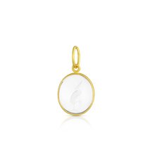 Load image into Gallery viewer, One-of-a-kind hand carved rock crystal charm of a heron delicately balanced on one leg. This carving is based on a carved gem held by the Museum of Fine Arts in Boston from the classical Greek period 450-425 BC, after the manner of Dexamenos of Chios, recognized as one of the great gem carvers of antiquity.  Made in recycled 22k yellow gold and Brazilian Ataléia rock crystal. Length approximately 24mm W 12.8mm (L .9in W .5in). Chain is available separately.