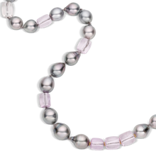 Load image into Gallery viewer, Glossy dark dove gray pear-shaped Tahitian pearls with the palest pink overtones are interspersed with natural Kunzite beads in lemon and pink and fastened with a gold and platinum variation of our signature granulated clasp. 

Length 26 inches.

Made with recycled 22k yellow gold and platinum, 9-10mm cultured gray Tahitian pearls and natural Kunzite (18.17ct). Knotted on silk.