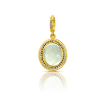 Load image into Gallery viewer, Inspired by the Archeological Revival style jewelry of the 1800s and the beautiful Etruscan jewelry unearthed at Cervetari, Tarquinia and Vetulonia, this charm features an oval water colored emerald cabochon surrounded by delicate polished platinum granulation. A gold and platinum granulated bail completes the charm.

Handmade in recycled 22k yellow gold and platinum and Colombian emerald (4.11ctw). Length approximately 27 mm, width 14mm (L 1.1in W .55in).

One-of-a-kind.