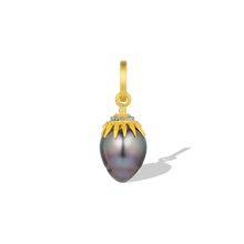 Load image into Gallery viewer, One-of-a-kind oversize teardrop Tahitian black pearl with our signature gold and platinum granulation. Ther are 3 versions of Spiders, these very decorative charms have a combination of buttery gold and polished platinum granules for a modern look, perfect for everyday wear. The points on the domed star cap give the appearance of spidery "legs", decorated with tiny gold granules. A 20k gold clasp is included. L 35.7mm x W 13.7 mm (L 1.4in W .5in). 