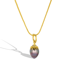 Load image into Gallery viewer, The black pearl Spider charm shown on a handwoven gold chain.