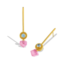Load image into Gallery viewer, Golden spheres, edged with a ruff of granulation and set with glittering blue zircons, are the perfect foil for bright bi-color pink and white tourmaline cubes, offset for a fresh, modern look. Long, golden wands allow the spheres and cubes to swing gently from the ear. These are a one-of-a-kind piece - no combinations of gemstones are repeated. Length approx. 46.8mm W 9.2mm (L 1.8in W .4in). Made in recycled 22k yellow gold, Brazilian tourmaline (7.46ctw) and Cambodian zircon (1.03ctw).