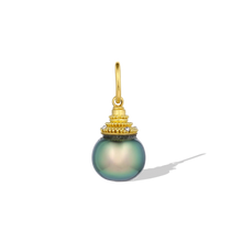 Load image into Gallery viewer, When I saw this pearl, I simply had to have it. It was the embodiment of "small but mighty" and was shaped like a freshly picked blueberry, with an intense metallic blue green luster rarely found. It looks equally stunning in natural or indoor light. Granulation in both gold and platinum gives volume and texture to the temple shaped cap and enhances the beautiful blues in the pearl. Length approx. 21.7mm, width 9.9mm (L .9in W .4in). Made from 22k gold and platinum and a 9.9mm cultured Tahitian pearl.