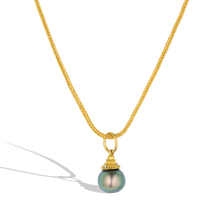 Load image into Gallery viewer, The Blueberry Pearl charm shown on a handwoven gold chain. The chain is available separately. One-of-a-kind.