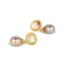 Load image into Gallery viewer, Rich metallic bronze pearls with pistachio undertones have diamond set platinum granulated gold caps and soft bi-color green/gold and rust tourmaline cabochons (10.8ct). Set in rich, warm high karat gold, a discreet diamond sparkle makes these drops an unusual and spectacular choice. Length approximately 32.5mm W 14.8mm (L 1.3in W .6in).

Made from recycled 22k yellow gold and platinum, Canadian diamonds (VS G, .09ct), Nigerian bi-color tourmaline (10.8ct) and 11.9x13.9mm freshwater pearls.
