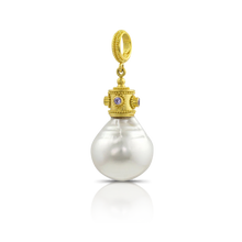 Load image into Gallery viewer, We were fortunate to be able to acquire a selection of beautiful circlé and baroque South Sea pearls from Australia and they're perfect for charms. This lovely baroque cried out for a bejeweled and granulated Byzantine style crown, which is set with sparkling lavender spinel to compliments it luster.

Please note that the chain is available separately.

One-of-a-kind.