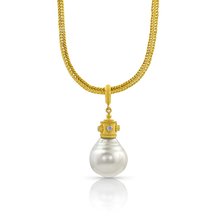 Load image into Gallery viewer, Byzantine Crown pearl charm shown on a handwoven gold chain.