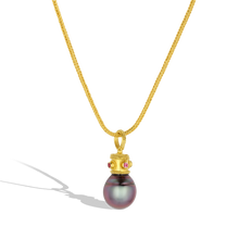 Load image into Gallery viewer, The Purple Byzantine Crown pearl charm shown on a handmade gold chain.