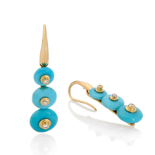 Load image into Gallery viewer, This beautiful turquoise makes a timeless and versatile pair of drop earrings. Three turquoise rondelles swing gently from each sleek gold Shepherd's hook ear wire. Diamonds and polished platinum twinkle discreetly from the rondelles, making them perfect for everyday wear. Wear with summer shorts and linen shirt, crisp button down, sweater, maxi or favorite dress. Made from recycled 18k gold and platinum, Sleeping Beauty turquoise (9.45ctw) and Canadian diamonds (VS, F-G .09ctw). Length approx 1.4in W .4in.