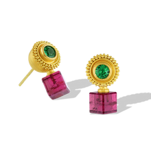 Load image into Gallery viewer, Delicate golden spheres are edged with a soft ruff of granulation and set with selection of vivid gemstones carefully selected to compliment and highlight our custom cut gemstone cubes. The combination of colors brings a Byzantine look to these unusual earrings, bridging the angular contemporary and the ancient. The warm buttery tones of the gold give a patina from antiquity to these unique stud style earrings. Each pair is one-of-a-kind; no combination is repeated. Made in recycled 22k gold and gemstones.