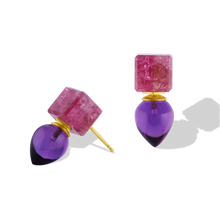 Load image into Gallery viewer, Deep pink custom cut tourmaline cubes provide a striking complement to the royal purple African amethyst drops. These unique drop earrings bridge the geometric modern and the ancient, with the buttery warmth of high karat yellow gold giving a patina from antiquity. Length approximately 21.8mm W 9.2mm (L .8in W .4in).

Made in recycled 22k yellow gold, Brazilian tourmaline (17.97ctw) and African amethyst (11.82ctw).

One-of-a-kind.