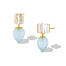 Load image into Gallery viewer, Palest, palest, pastel pink and green mismatched Afghani tourmaline custom cut cubes - we know, because we chose the rough crystal - provide a delicate complement to the soft green tones of the agate drops. The buttery golden tones of the 22k yellow gold give a patina from antiquity to these unique stud style earrings. Length approximately 21.8mm W 9.2mm (L .8in W .4in).

Made in recycled 22k yellow gold, Afghani tourmaline (11.38ctw) and green agate (11.73ctw).

One-of-a-kind.