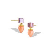 Load image into Gallery viewer, Custom cut violet hued amethyst cubes provide the perfect foil to the soft sheen on peach moonstone drops. Although ancient in technique, the soft volume of the granulation on the moonstone caps gives both an antique and very present look, blending harmoniously with the sharp, modern angles of the gemstone cubes. Length approximately 22mm 9.2mm (.8in W .4in).

Made in recycled 22k yellow gold, amethyst (8.71ct) and Indian peach moonstone (11.03ct).

One-of-a-kind.