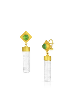 Load image into Gallery viewer, One-of-a-kind gold and carved rock crystal and spring green tourmaline cylinder seal style earrings with post and clip back. Inspired by ancient cylinder seals from Mesopotamia and the "marginalia" or decorative drawings found in the margins around the bodies of text on the pages of medieval illuminated manuscripts held in the Getty Museum. Handmade in recycled 22k yellow gold, tourmaline (2.69ctw) and Brazilian rock crystal.