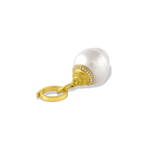 Load image into Gallery viewer, A generously sized lustrous acorn shaped white South Sea Pearl is adorned with sparkling pavé diamonds (.07ct) set in warm, buttery 22k gold. Dainty granulation gives a soft velvety texture that contrasts with the diamond sparkle, while the shape of the cap mirrors the circlé texture of the pearl. Length approx 40mm width 15mm (L 1.5in W .6in). Made from recycled 20k and 22k gold, diamonds (.07ctw) and a 15mm Paspaley South Sea pearl.