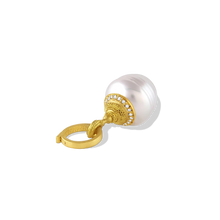 Load image into Gallery viewer, A lustrous acorn shaped white South Sea Pearl is adorned with sparkling pavé diamonds set in warm, buttery 22k gold. Dainty granulation gives a soft velvety texture that contrasts with the diamond sparkle, while the shape of the cap mirrors the circlé texture of the pearl. Wear with jeans and t shirt for elevated casual through to your floaty maxi dresses. A 20k gold clasp is included. Length approx 37mm, width 14.5mm (L 1.45in W .57in). Made from recycled 20 &amp; 22k gold, diamonds (.1ctw) and 14.5mm pearl.