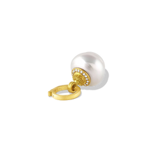 Load image into Gallery viewer, A beautiful, lustrous acorn shaped white circlé&nbsp;South Sea Pearl is adorned with sparkling pavé diamonds set in warm, buttery 22k gold. Dainty granulation gives a velvety texture that contrasts with the diamond sparkle, while the shape of the cap mirrors the shape of the pearl. Wear with jeans and t shirt for elevated casual through to your floaty maxi dresses. Pearls are always appropriate!

A 20k gold clasp is included. Length approximately 30mm W 14.4mm (L 1.18in W .56in).