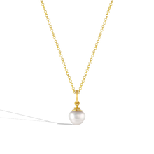 Load image into Gallery viewer, The small Diamond Acorn pearl charm shown on a gold chain. 