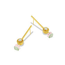 Load image into Gallery viewer, Golden globes delicately edged with a ruff of granulation and set with sparkling diamonds are the perfect foil for a pair of unusual soft mint green and the palest pastel pink tourmaline cubes. Long, elegant brushed golden wands allow the spheres and cubes to swing gently from the ear, making these earrings unique and striking. One-of-a-kind. Length approximately 43.3mm W 8.6mm (L 1.7in W .34in).

Made with recycled 22k yellow gold, bi color tourmaline (5.02ctw) and reclaimed diamonds (VS, G, .50ctw).