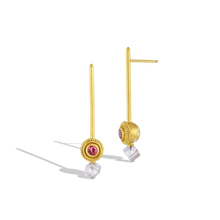 Load image into Gallery viewer, These clear grey tourmaline cubes, set below golden spheres edged with a ruff of granulation and set with pink spinel and diamonds, have just the right amount of softness and sparkle. Long, brushed golden sticks allow the spheres and cubes to swing gently from the ear, giving a "barely there" feeling, the diamonds discreetly twinkling. Length approximately 43.6mm W 8.8mm (L1.7in W .35in). Made with recycled 22k yellow gold, tourmaline (2.68ctw), Canadian diamonds (VS, F-G .36ctw) and spinel (.55ctw). 