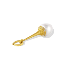 Load image into Gallery viewer, A lustrous triangular drop shaped white South Sea Pearl is capped with the soft buttery tones of a golden loupe decorated with granulation and a sparkle of pavé set diamonds. A 20k gold clasp is included. Length approximately 6.5cm, width 1.5cm (L 2.5in W .6in).

Made from recycled 22k and 20k gold, diamonds (VS, G .13ctw) and a 15mm Australian Paspaley South Sea pearl. The chain is available separately.