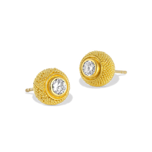 Load image into Gallery viewer, Elegant yet versatile cushion style stud earrings feature delicate all over granulation highlighted by a discreet diamond sparkle, giving a timeless yet contemporary look. The rich, warm tone of the gold and texture of the granulation give the appearance of the pile on a velvet cushion. L 9mm W 8mm (L .35in W .32in) Made in recycled 22k yellow gold and antique diamonds (.5ctw). Other gemstone options are available, contact us to discuss.

These were featured in Artistar Jewels 2022 Exhibition in Milan.