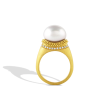 Load image into Gallery viewer, The folds and drape in the fabric and lace in Elizabethan ruffs were the inspiration behind this ring. Soft, brushed granulation, reminiscent of a velvet-like ruff highlighted with a full ruff of diamonds, is draped around a glossy, luminous button shaped South Sea pearl. Made in recycled 22k gold and a cultured Paspaley south sea pearl. Size 7.

This ring can be made with different pearl and granulation options. Please contact concierge@atelierwolff.com for more information.