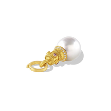 Load image into Gallery viewer, A beautiful, lustrous, egg-shaped, white South Sea Pearl is adorned with the soft mellow, buttery tones of a bejeweled golden granulated crown. Lavender spinels lend a Byzantine air while a discreet diamond sparkle provides a contemporary update. A 20k gold clasp is included. Length approximately 41mm, width 15mm (L 1.6in W .6in).

Made from recycled 22k and 20k gold, diamonds (VS G .1ctw), spinel (.14ctw) and a 15 x 17mm Paspaley South Sea pearl. The chain is available separately.