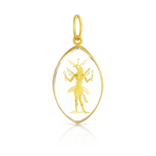 Load image into Gallery viewer, Hand carved and gilded rock crystal amulet depicting an eagle headed God. The original figure was carved in jasper on the reverse side of an ancient Gnostic magical gem sometime between the 1st - 6th C. Handmade in recycled 22k yellow gold and Brazilian Ataléia rock crystal. L 32 mm W 15 mm (L 1.3 in W .6 in). Chain is available separately.

One-of-a-kind.