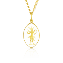 Load image into Gallery viewer, The carved and gilded Eagle Headed God amulet is shown on a gold chain.