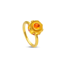 Load image into Gallery viewer, Mandarin garnets are one of my favorite gemstones and this one is a glowy intense orange bullet style cabochon, with hot pink Burmese spinel and golden granulation orbiting moon-like around it.

Beautiful as a single ring or stack with Orbs or our Doric band.

Made in recycled 22k yellow gold, Nigerian garnet (.90ctw) and Burmese spinel (.14ctw). Size 7.5. Can be resized.