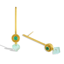 Load image into Gallery viewer, Golden spheres delicately edged with a ruff of gold granulation, set with Zambian emeralds - the perfect foil for soft green tourmaline cubes, offset for a fresh, modern look. Long, elegant brushed golden sticks allow the spheres and cubes to swing gently from the ear, making these earrings unique and striking. Length approximately 44.8mm W 8.9mm (L 1.7in W .4in).

Made with recycled 22k yellow gold, Zambian emeralds (.55ctw) and Brazilian tourmaline (6.15ctw).

One-of-a-kind.