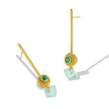 Load image into Gallery viewer, Another view of the Emerald Etruscan Ruff earrings.