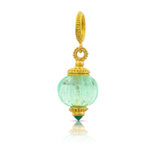 Load image into Gallery viewer, These melon beads are hand carved from selected gemstones and set with delicately granulated caps and bails. At the base of each melon bead, mimicking the blossom end, you will find a tiny, sparkling gem, cradled by granulation that compliments the gemstone it was carved from. Handmade using recycled 22k gold and Colombian emeralds (5.83ctw). We have other melon beads available, contact us at concierge@atelierwolff.com for your custom melon charm.

One-of-a-kind.
