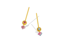 Load image into Gallery viewer, Golden spheres delicately edged with a ruff of granulation set with deep pink spinel and blue zircon are the perfect foil for unusual bright pink and blue tourmaline cubes. Long, elegant brushed golden sticks allow the spheres and cubes to swing gently from the ear, giving a "barely there" feeling. These are a one-of-a-kind piece - no combinations of gemstones are repeated. L 46.8mm W 9.2mm.

Made in recycled 22k yellow gold, Brazilian tourmaline (4.69ctw), blue zircon (.41ctw) and pink spinel (.32ctw).