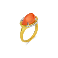 Load image into Gallery viewer, When a stone is special, I'll choose it first and then decide what piece of jewelry I'll create around it This mandarin garnet (9.46ct) is truly special with its fiery orange glow. It really is one-of-a-kind. The fire, the glow, the depth of color - with my signature graduated silvery polished platinum and sift, rich gold granulation floating around it like one of Saturn's rings full of tiny meteors.

Made in recycled 22k yellow gold and platinum and a Tanzanian garnet. Size 7.