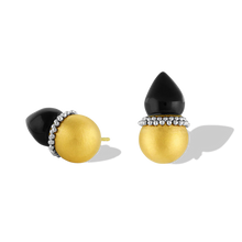 Load image into Gallery viewer, Golden spheres are edged with a ruff of platinum granules and set with polished black onyx flame pointed drops. As the spheres are hollow, they are light and comfortable to wear. These uniquely shaped and versatile earrings can be worn as ear climbers or as a stud, simply turn the onyx point downwards. Length approximately 19.9mm W 11.1mm (L .8in W .4in).

Made in recycled 22k yellow gold and platinum and black onyx (10.49ct).