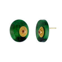 Load image into Gallery viewer, The beautiful vivid green and black oval tablet style cabochons in these stud earrings are grossular garnets from East Africa. Delicately granulated elliptical rondelles cradle egg-yolk yellow sapphires, asymmetrically set on each garnet, providing an unexpected yet harmonious blend of ancient technique and modern design. Made from recycled 18k and 22k yellow gold, grossular garnets (29.5ctw) and Sri Lankan sapphires (.34ctw).

One-of-a-kind.