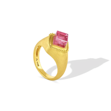 Load image into Gallery viewer, An unusual jujube pink tourmaline cube absolutely cried out to become a signet ring, and so it did! A halo of graduated brushed gold granulation floats around the edges. This ring is for everyone. Unisex.

Made in recycled 22k yellow gold and a Brazilian tourmaline (3.13ct).Size 7. Can be resized. One-of-a-kind.