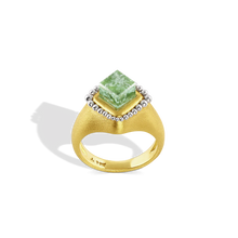 Load image into Gallery viewer, A fresh spring mint green tourmaline cube absolutely cried out to become a signet ring, and so it did! A halo of graduated polished platinum granulation floats around the edges. This ring is for everyone. Unisex.

Made in recycled 22k yellow gold and a Brazilian tourmaline (3.27ct). Size 7. Can be resized. One-of-a-kind.