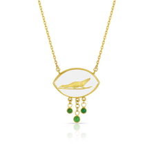 Load image into Gallery viewer, Lovely hand carved and gilded rock crystal pendant depicting a crocodile resting in lotus plants, highlighted with tsavorite garnets. The crocodile was inspired by its namesake found on one of the four faces of the Signet Ring of Horemheb, the last Pharaoh of Egypt's 18th Dynasty. Handmade in recycled 22k yellow gold and Ataléia rock crystal from Brazil, Kenyan tsavorite garnets (.30ctw), the chain is approximately 40.5 cm or 16 in long.

One-of-a-kind.