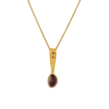 Load image into Gallery viewer, Lovely red spinel and buttery gold granulation give a long pointed "I", the bean shaped rhodolite garnet is almost soft to the fingertips and makes a supremely touchable "o".

Length approximately 30mm, width 8mm (L 1.2in W .3in)

Made from 22k gold, rhodolite garnet (4ctw) and Burmese spinel (.06ctw). The chain is available separately.

One-of-a-kind.