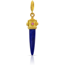 Load image into Gallery viewer, This lapis bullet style charm has a decorative granulated and pink spinel studded cap. A granulated bail completes it. The lapis is smooth to the touch and this is a very tactile charm.

Handmade using 22k gold and pink spinel (.16ctw). Length approximately 42mm, W 10mm (L 1.65in W 0.39in).

Slide on to our leather wrap, mix and match to create your own story. (Lilac leather wrap and additional charms sold separately.) Wear with your favorite bangles, vintage finds and treasured heirloom pieces. 